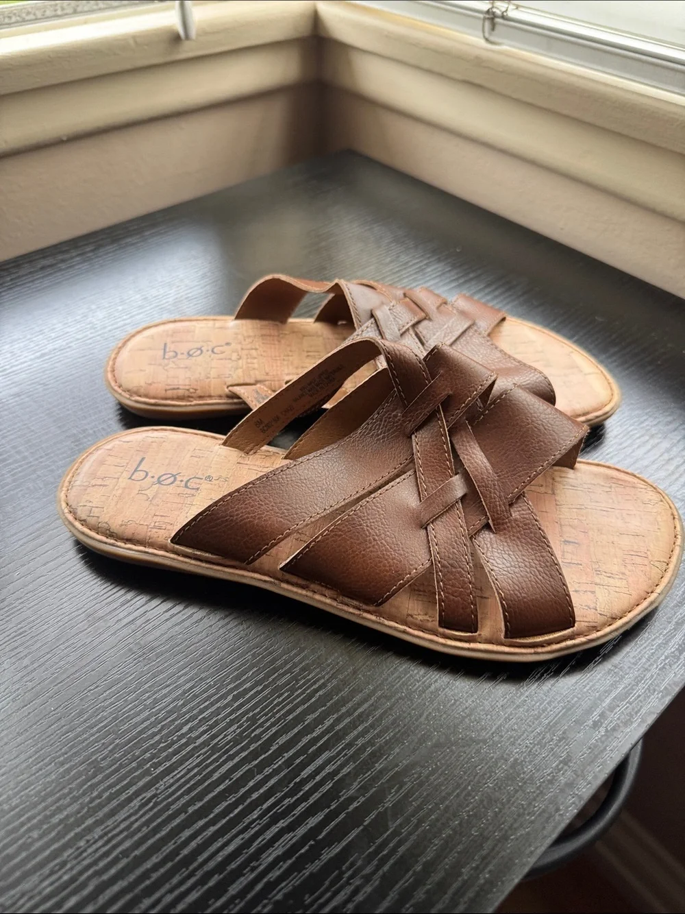 boc Brown Leather Crisscross Slide Sandals